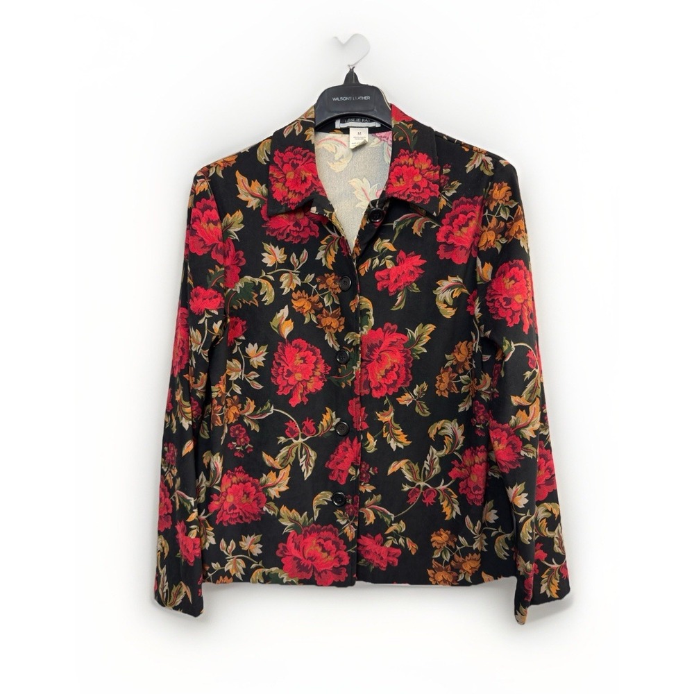 Vtg Leslie Fay Black Floral Long Sleeve Button Up Jacket‎ Women's M Lightweight